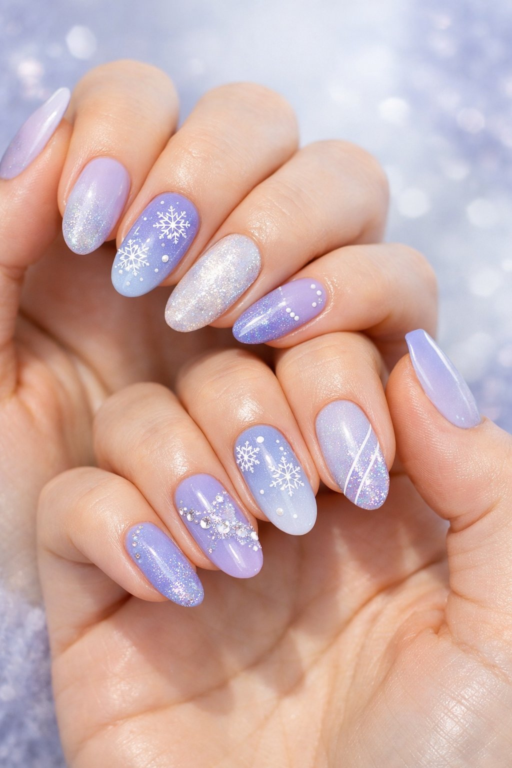Close-up of hands displaying sixteen different winter-themed nail designs in icy lavender and blue shades.