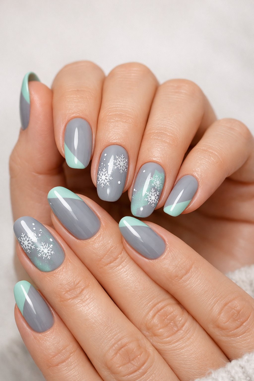Close-up of a woman's hands showing nails painted in cool gray with mint green highlights.