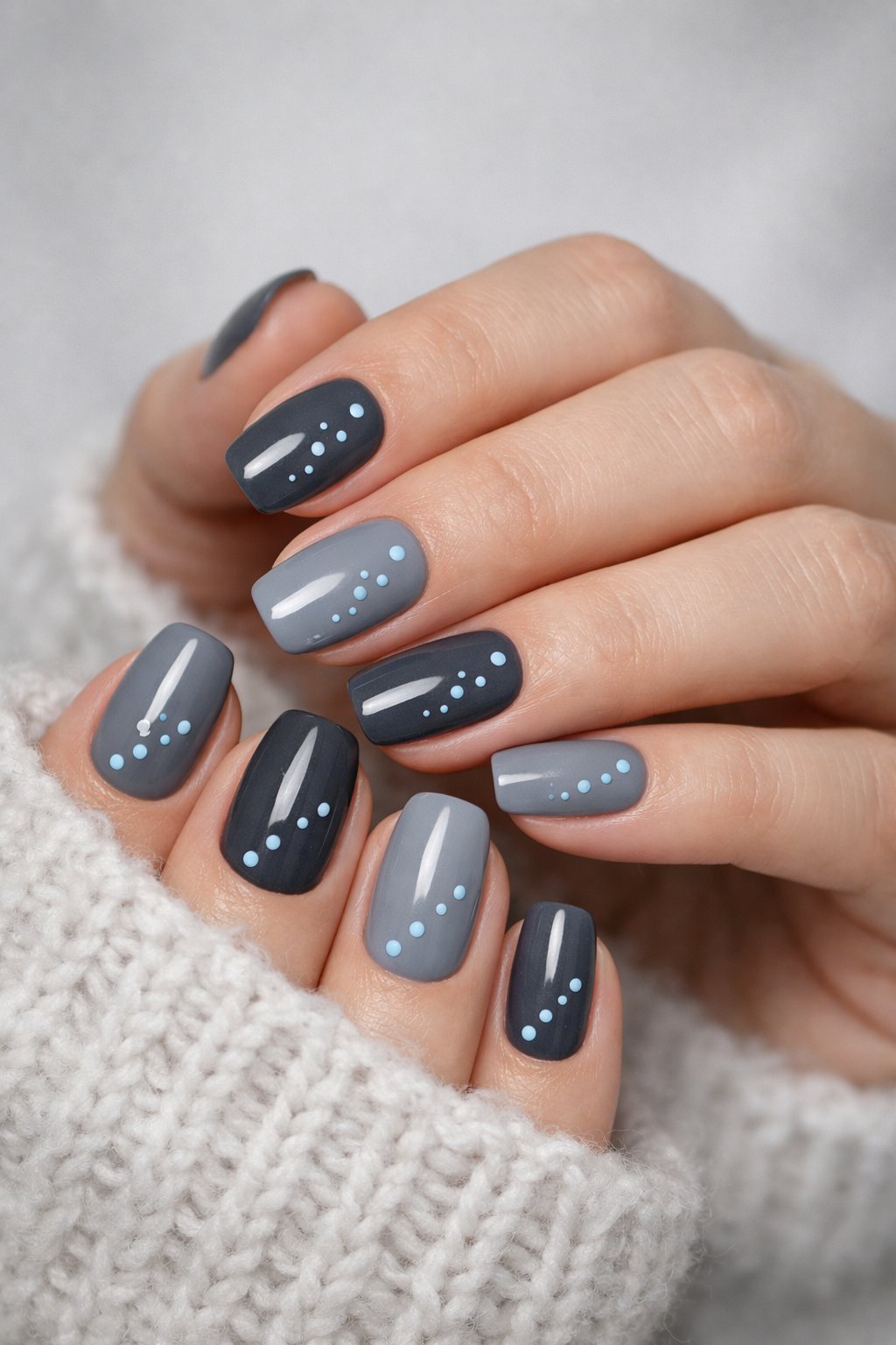 Close-up of hands with gray nails decorated with small blue dots.