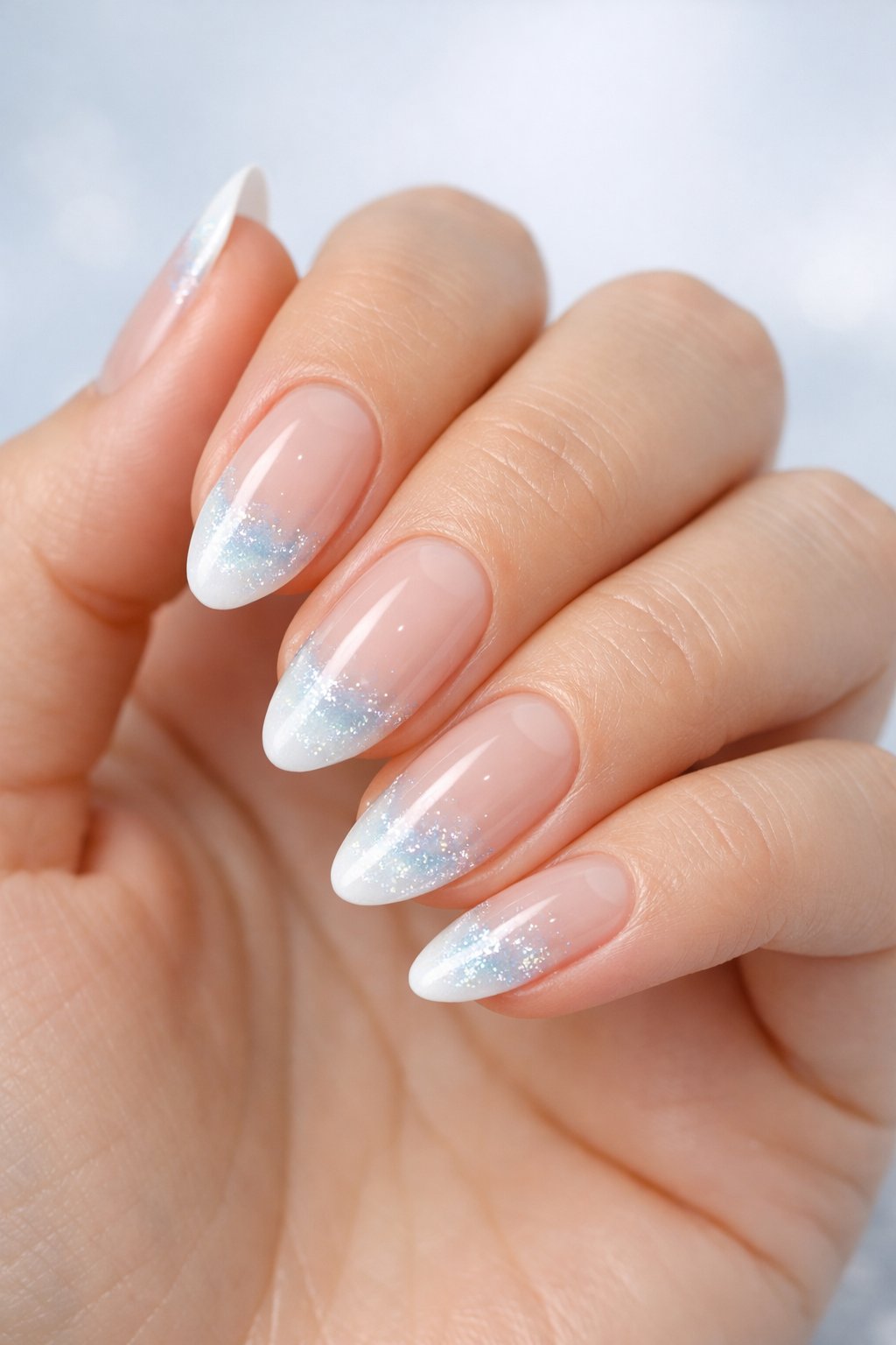 Close-up of a woman's hand showing nails with frosty white and icy blue French tip design against a soft neutral background.