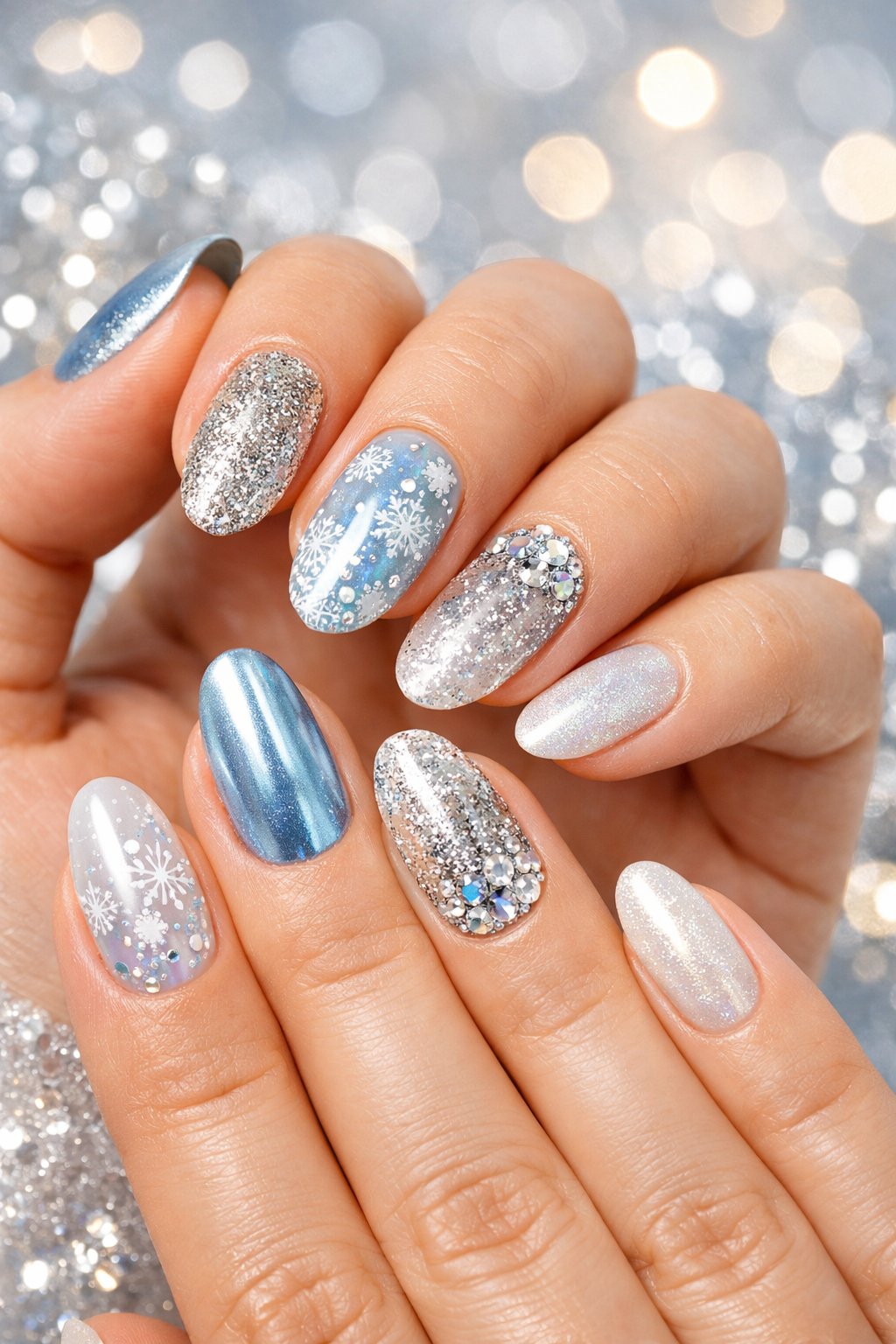 Close-up of hands with sparkling winter-themed nail art featuring glitter and icy blue tones.