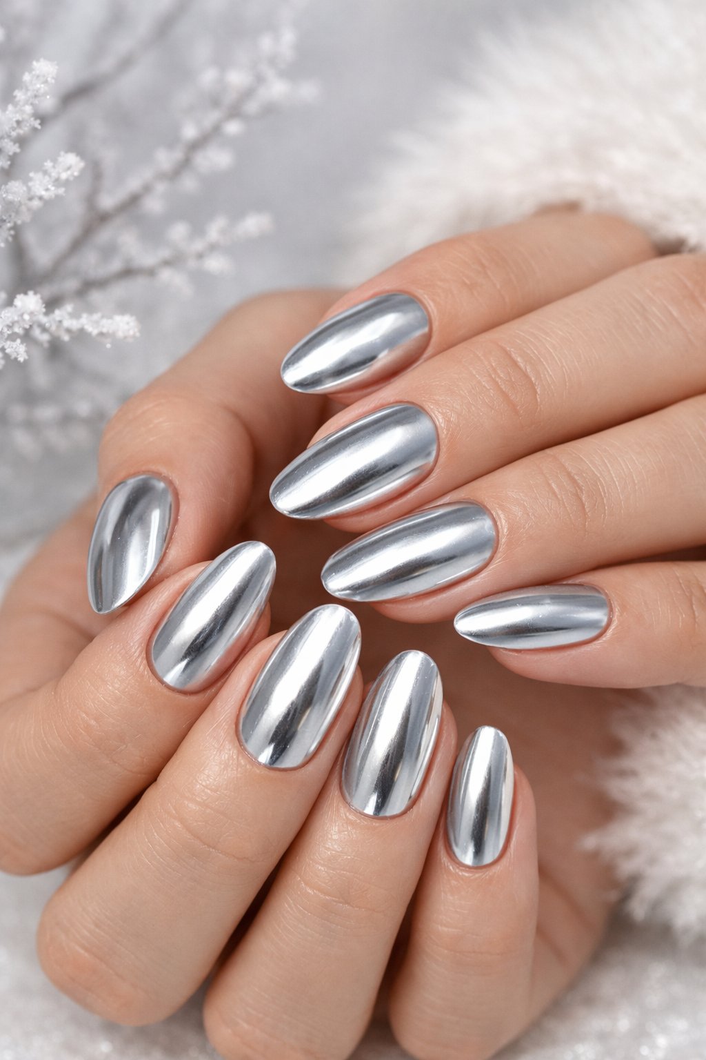 Close-up of hands with silver metallic polished nails against a soft neutral background.