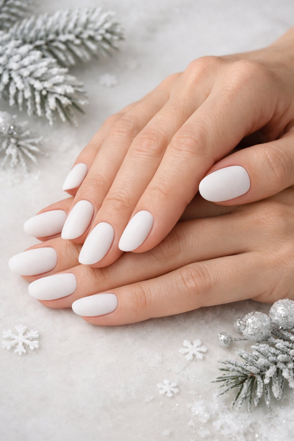 Close-up of hands with matte white nails resting on a neutral background with winter-themed decorations.