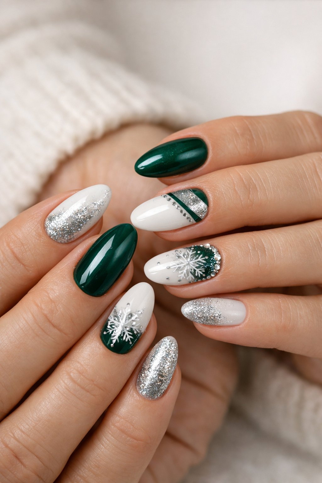 Close-up of a woman's hands with emerald green accented manicured nails against a soft neutral background.
