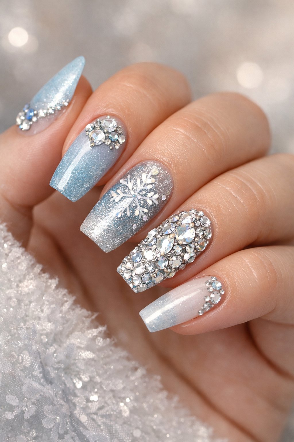 Close-up of a hand with manicured nails decorated with sparkling crystal rhinestones and winter-inspired designs.