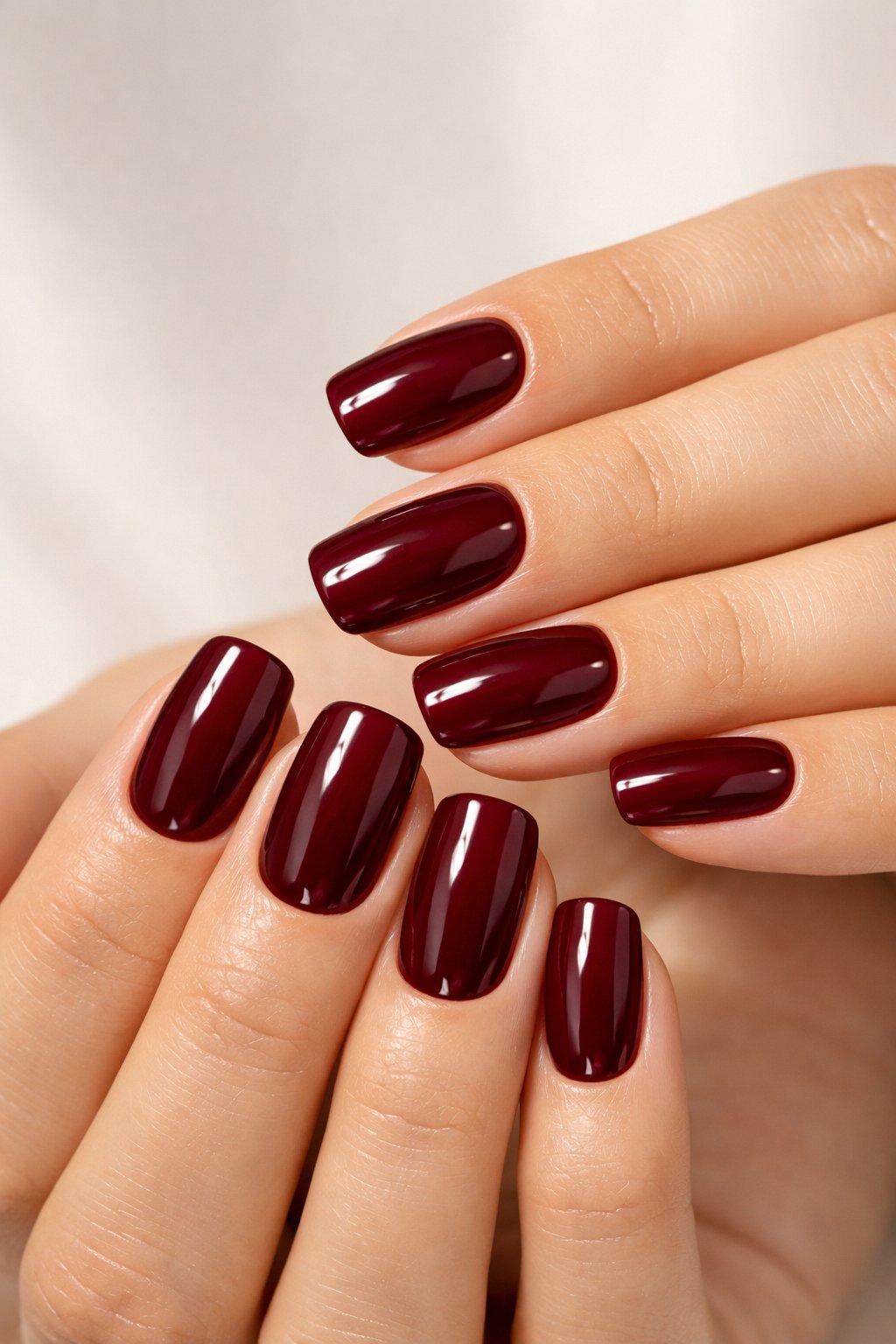 Close-up of hands with deep burgundy shiny nail polish on neatly manicured nails.