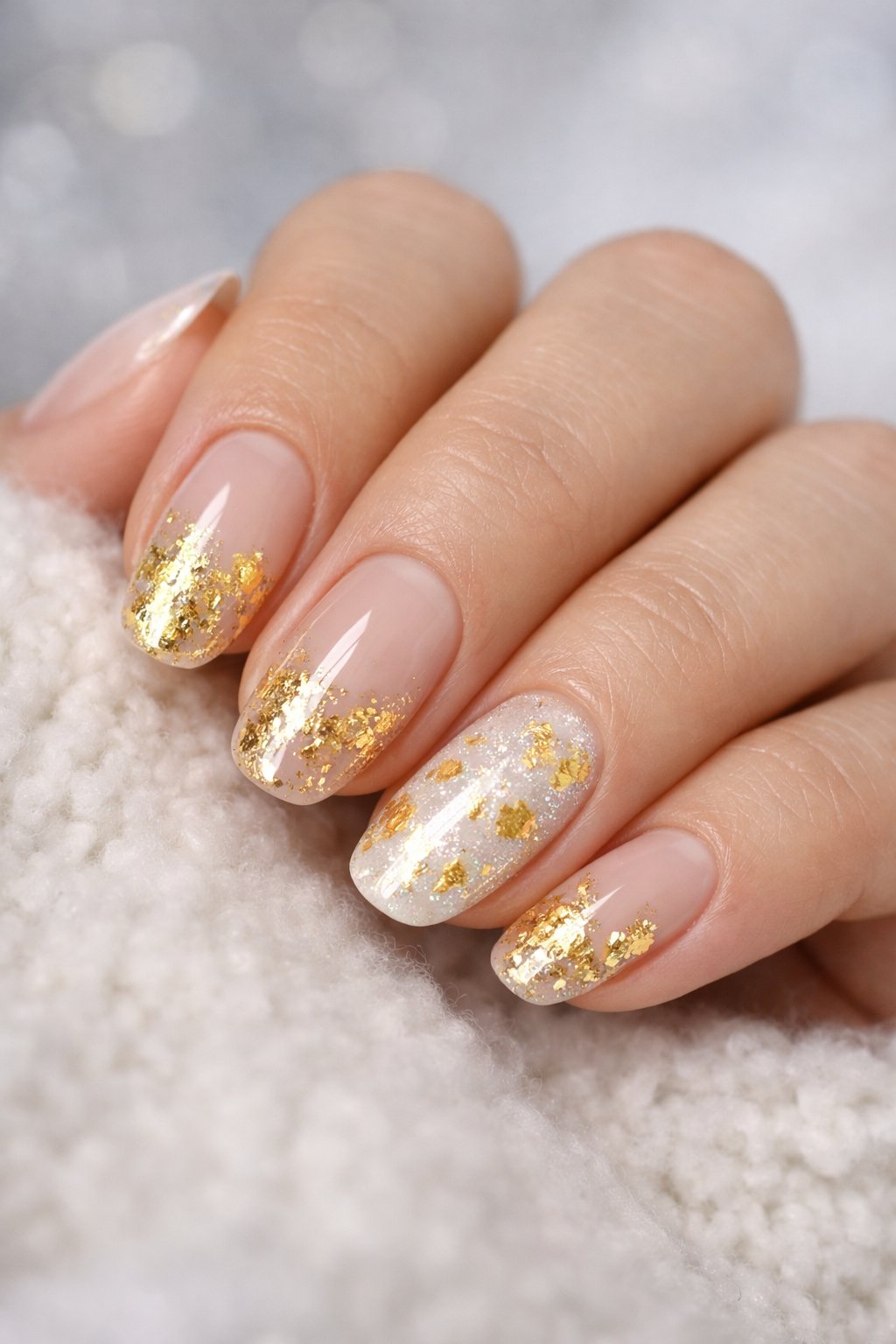 Close-up of a woman's hand with manicured nails decorated with gold foil flakes resting on a light surface.