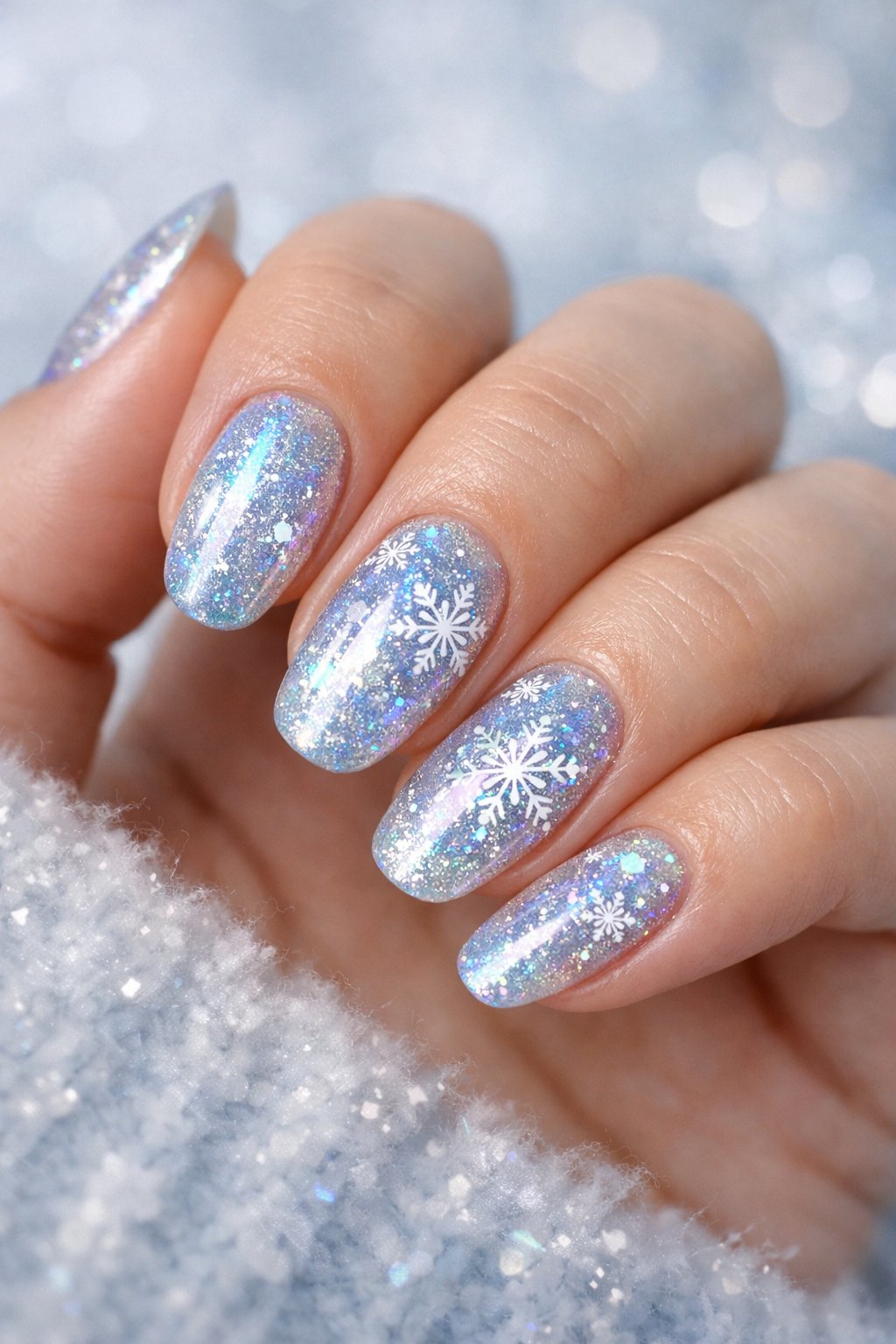 A close-up of a woman's hand with medium-length nails featuring holographic snowflake designs and shimmering winter colors.