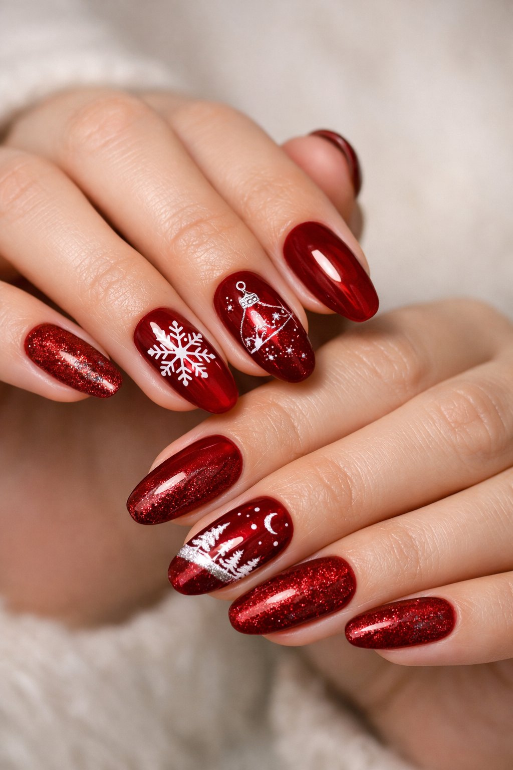 Close-up of hands displaying red velvet-themed nail art with winter-inspired designs against a neutral background.