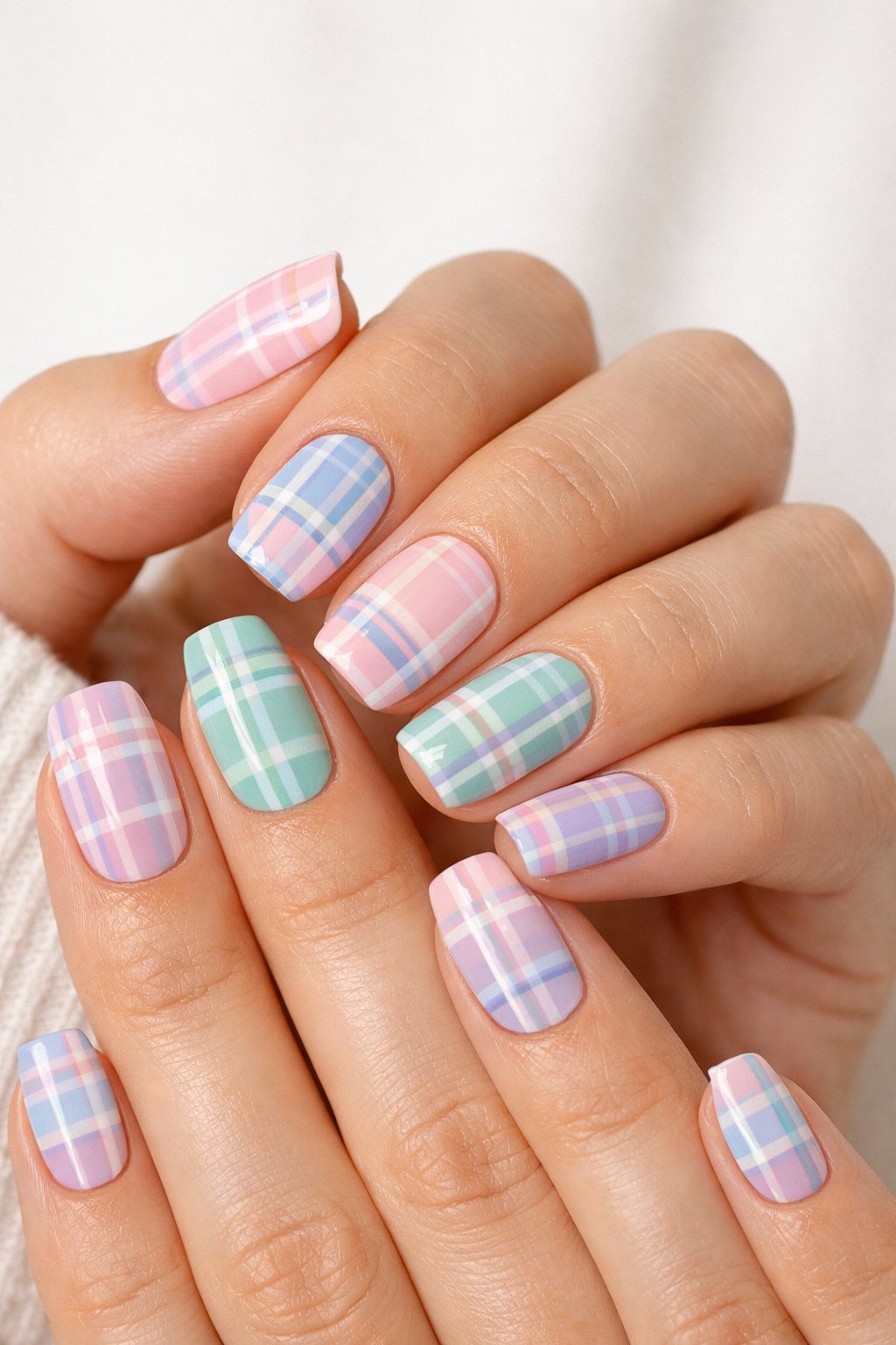 Close-up of hands showing nails painted with pastel plaid patterns in soft colors.