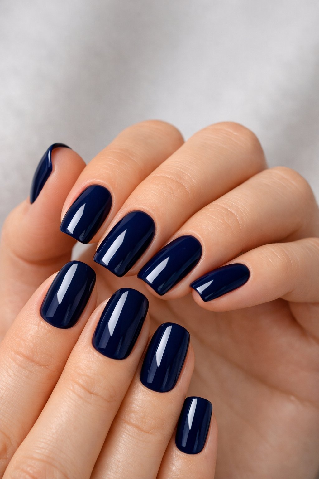 Close-up of hands with neatly manicured nails painted in dark blue.