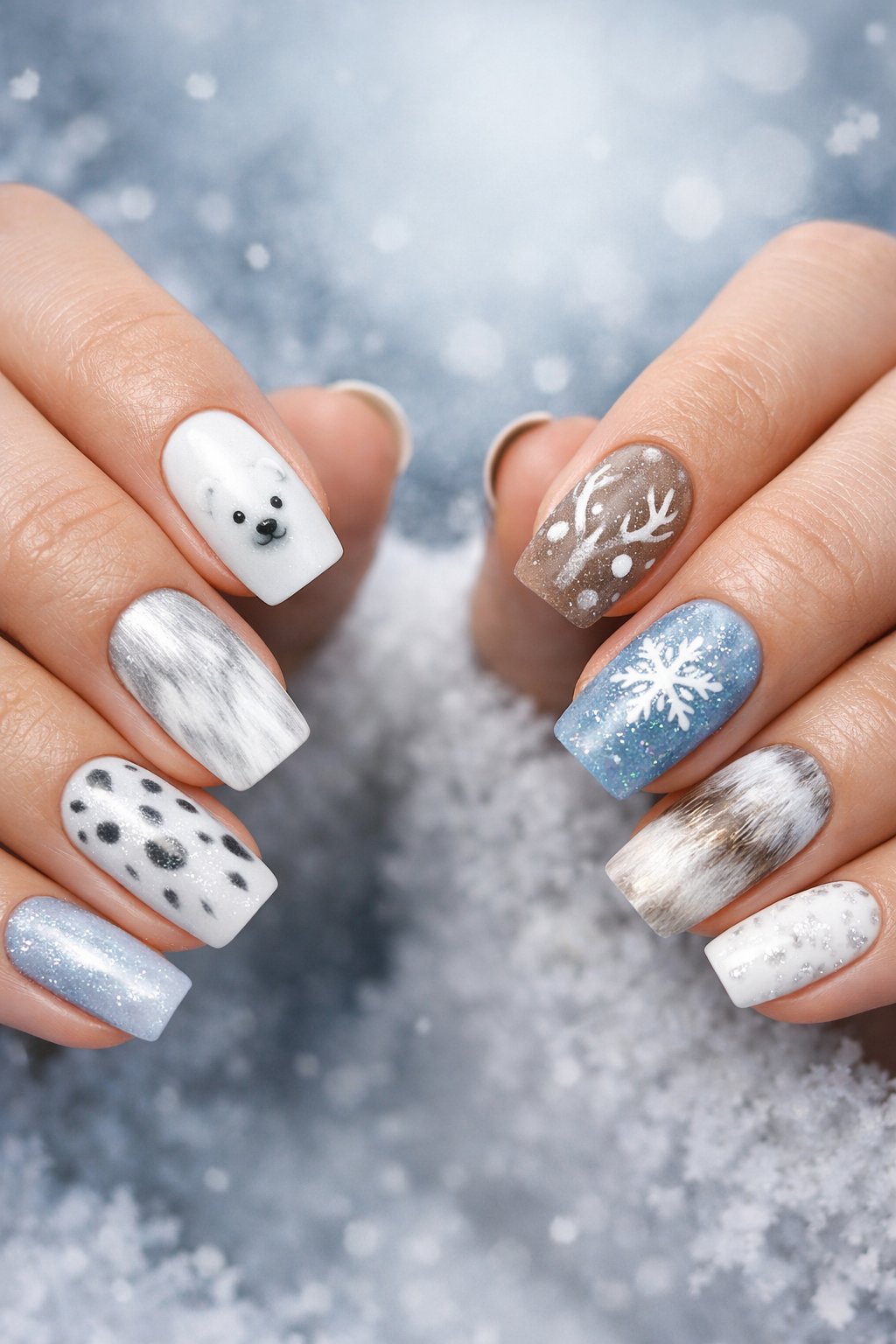 Close-up of hands with nails painted in Arctic animal print designs featuring white, blue, gray, and brown patterns inspired by polar bears, Arctic foxes, snowy owls, and reindeer.