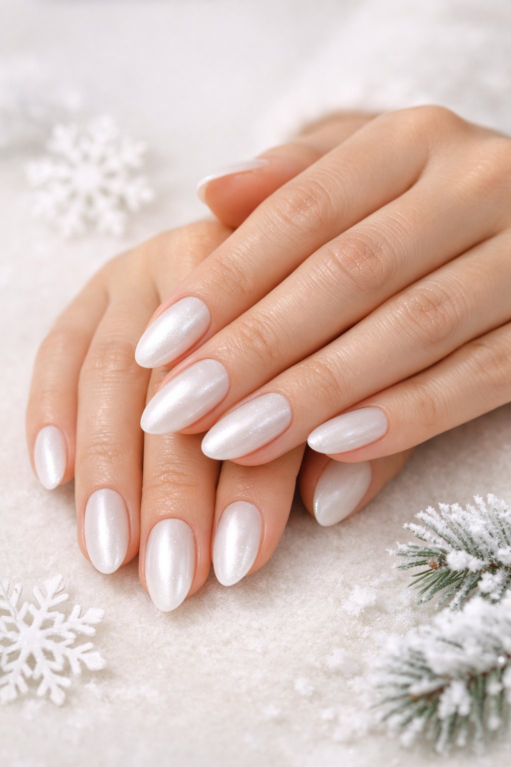Close-up of a woman's hands with pearlescent white nails gently resting on a neutral surface with subtle winter-themed decorations.