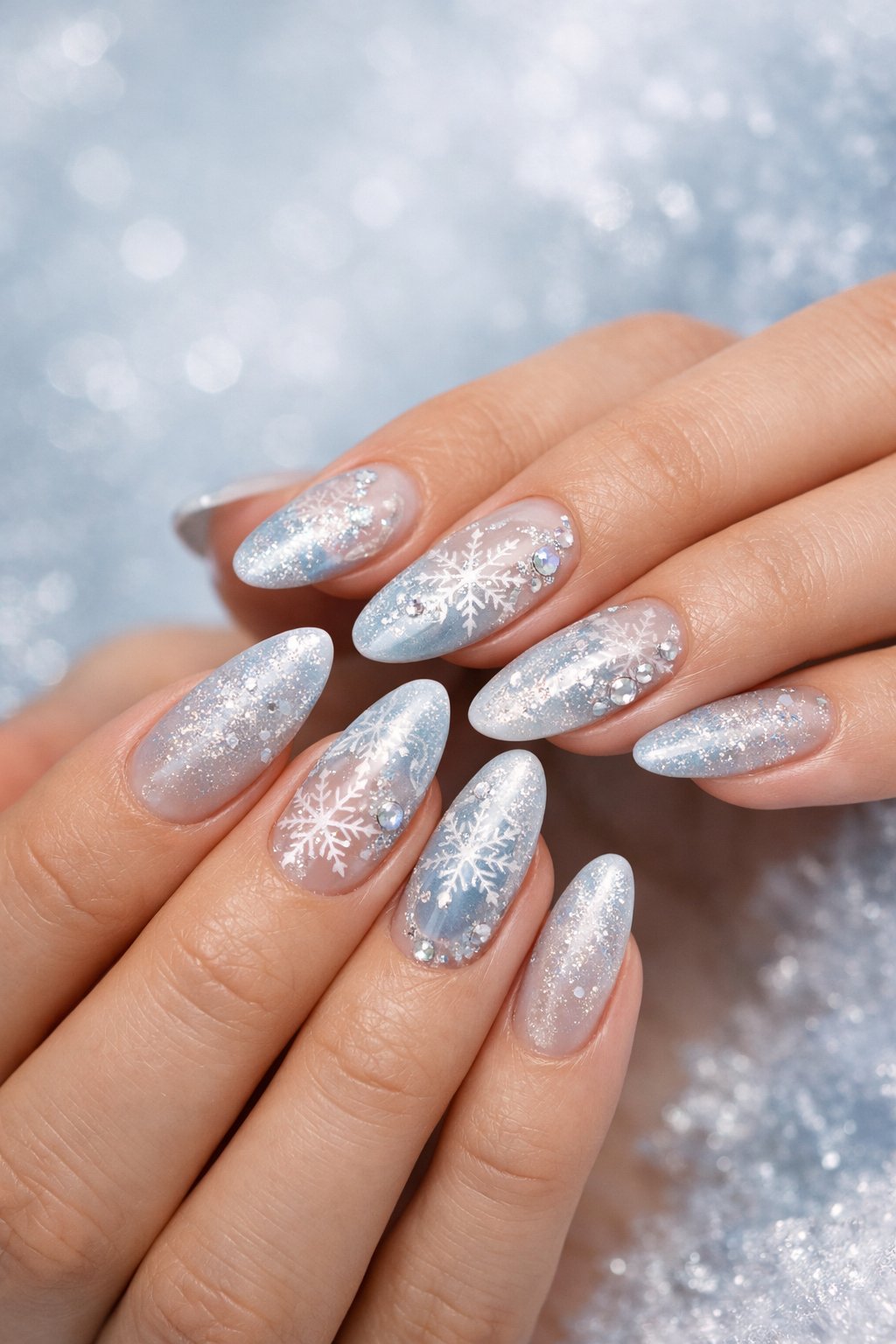 Close-up of hands with nails decorated in shimmering ice crystal designs in blue, silver, and white colors.