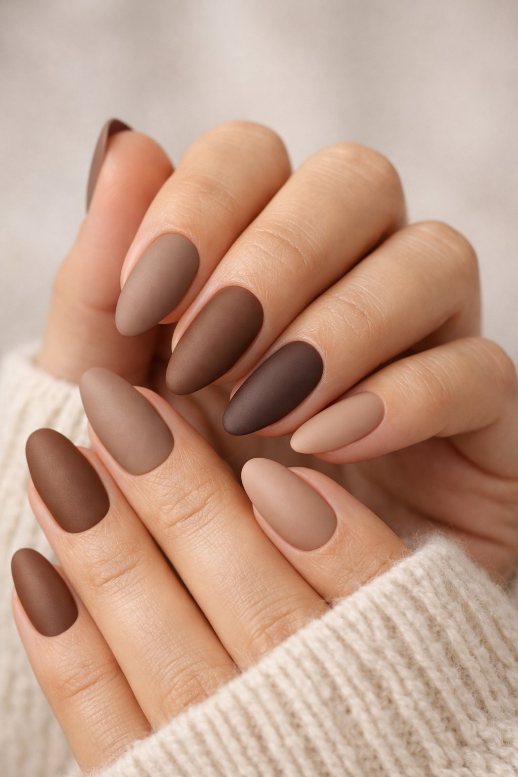 Close-up of hands with mocha-colored matte nails posed against a neutral background.