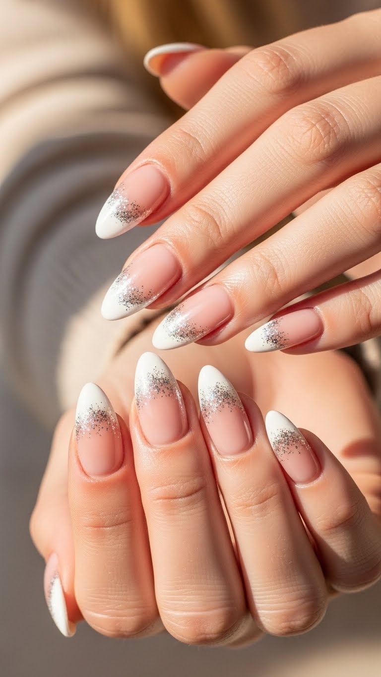 Close-up of hands with French tip nails featuring glitter accents on the tips.