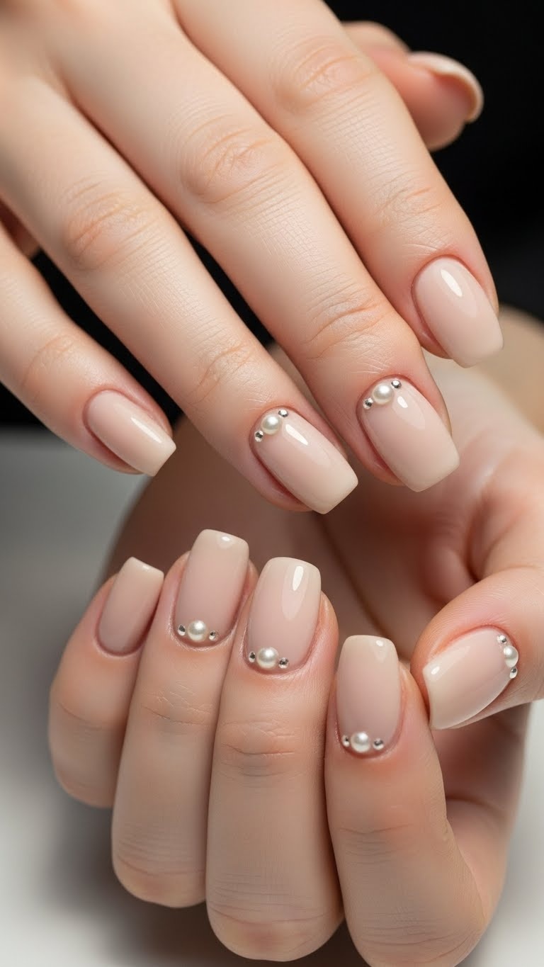 Close-up of hands with neutral-colored nails decorated with small pearl accents.