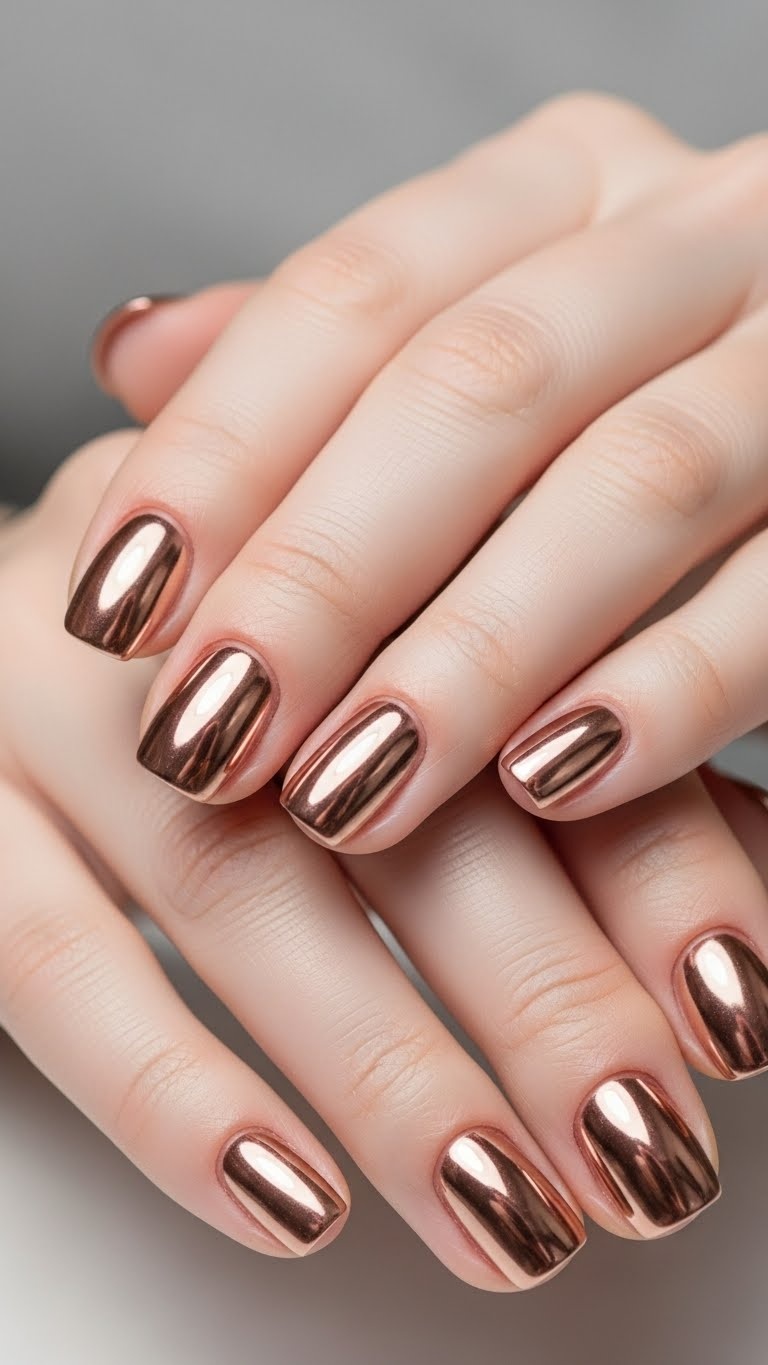 Close-up of a woman's hands with rose gold chrome tipped nails against a neutral background.