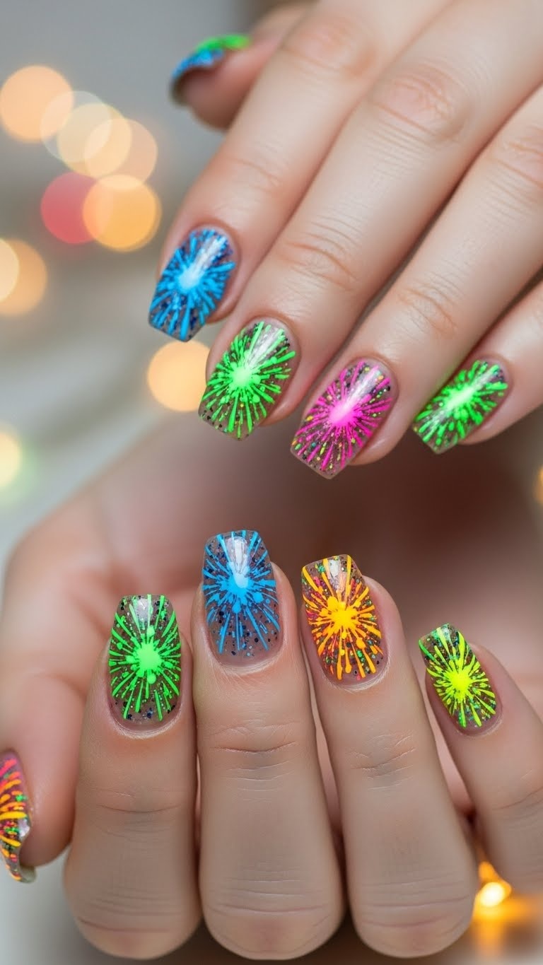 Close-up of hands with colorful neon splattered nails inspired by fireworks, set against a softly blurred background with festive lights.
