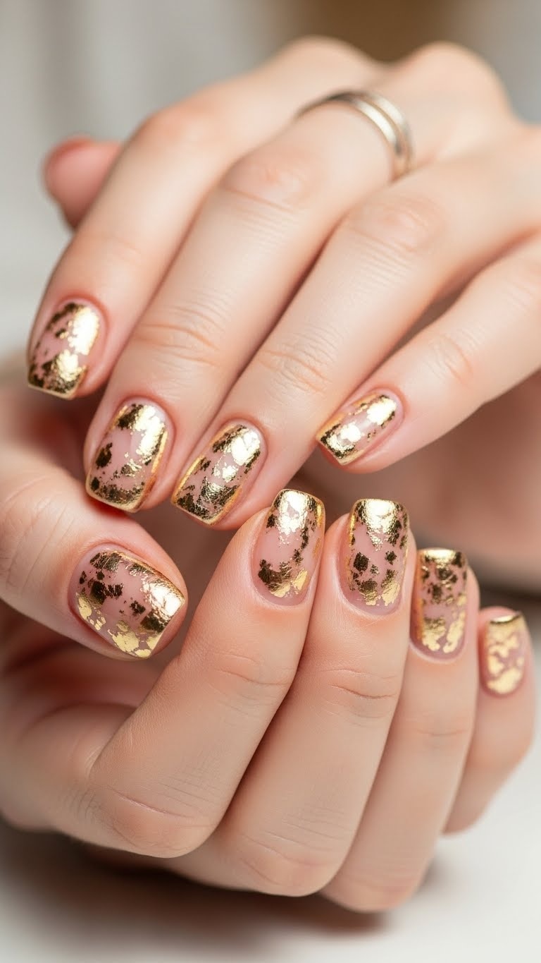 Close-up of hands with manicured nails featuring gold foil accents on a soft blurred background.