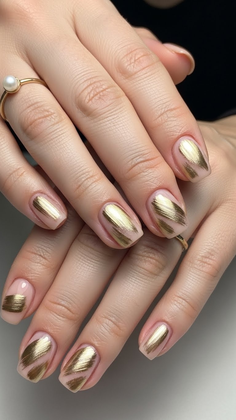Close-up of hands showing nails with golden abstract brush stroke designs.