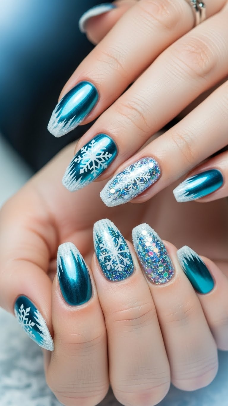 Close-up of hands with metallic blue chrome winter-themed nail designs, featuring snowflakes, glitter, and frosted tips