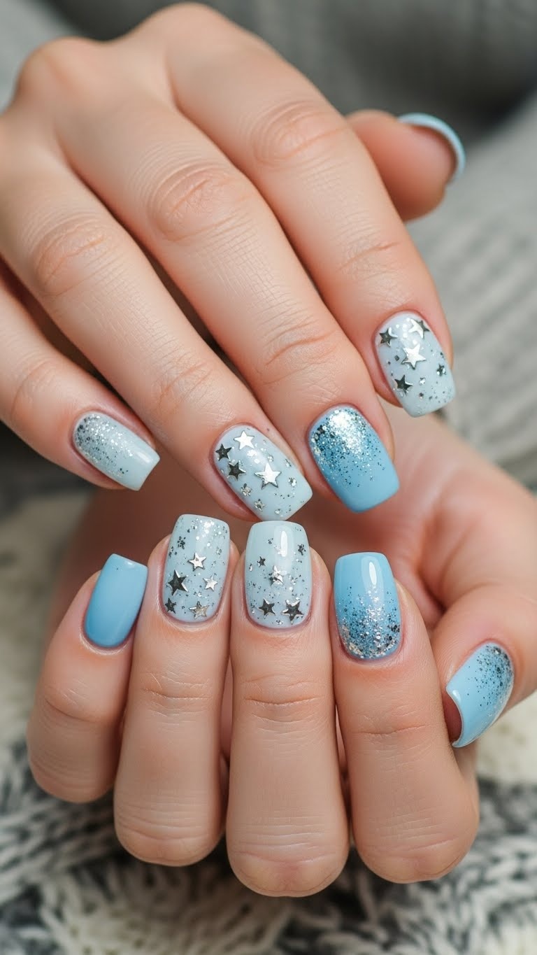 Close-up of hands with blue winter nail designs featuring tiny silver stars on a dark teal background.