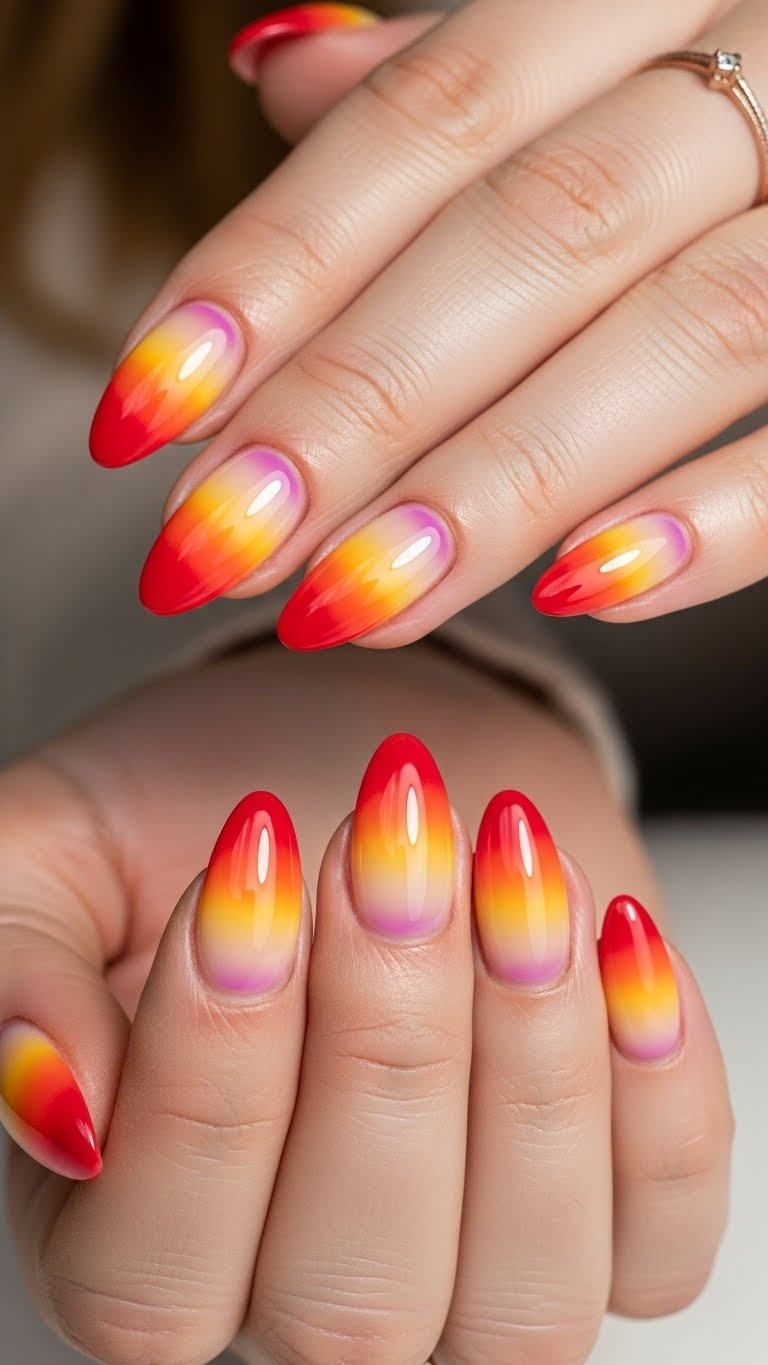 Close-up of a woman's hands with colorful gel nails featuring sunset-inspired ombre gradients.