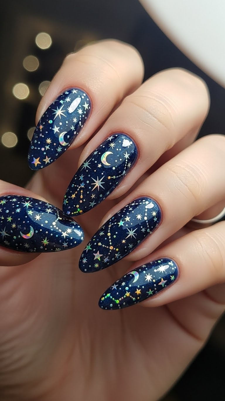 Close-up of a hand with gel nails featuring holographic starry designs