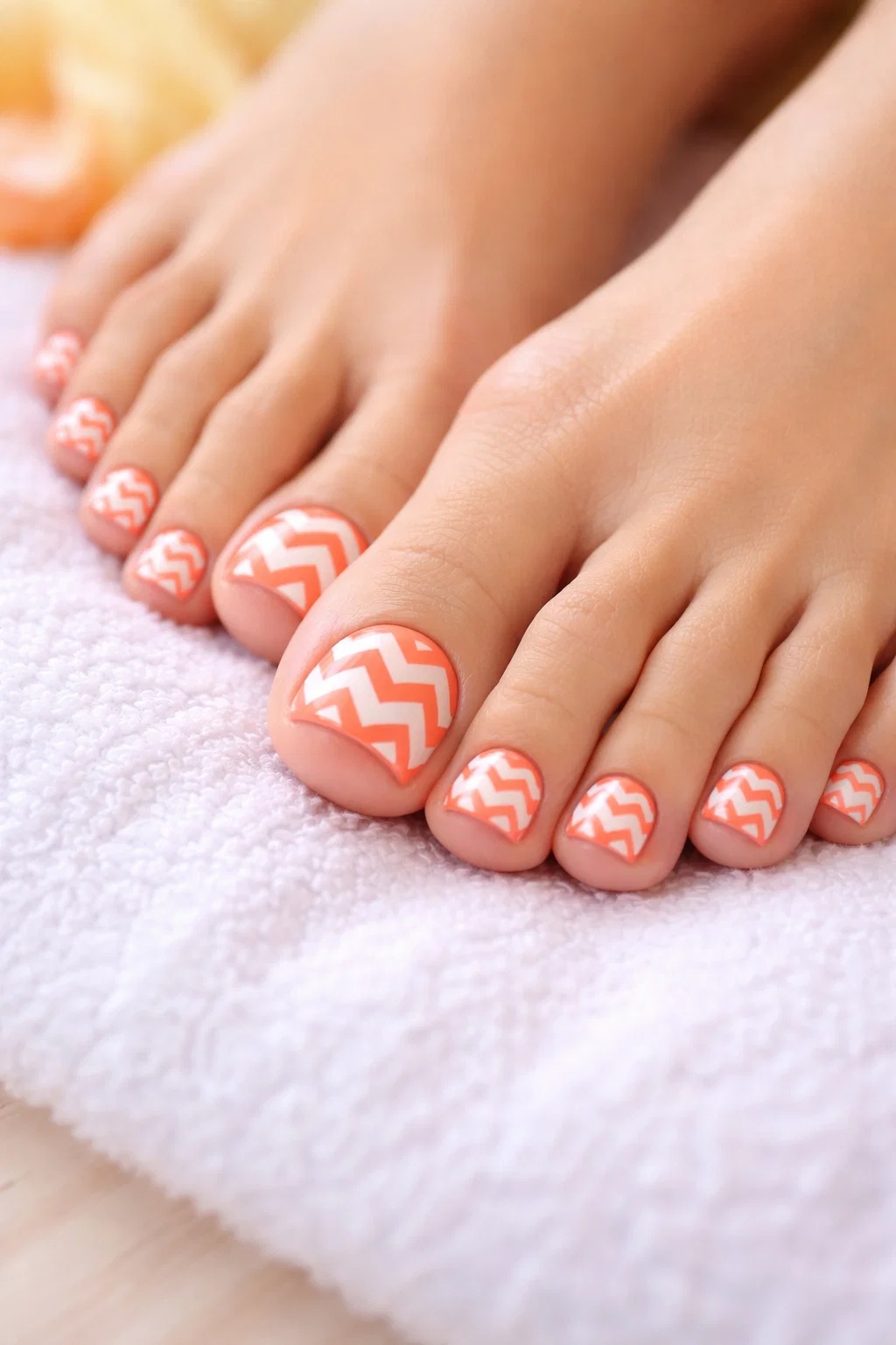 Close-up of feet with toenails painted in coral chevron patterns.