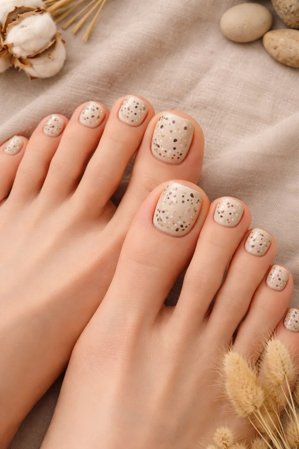 Close-up of feet with toenails painted in Speckled Earth Tone Dots