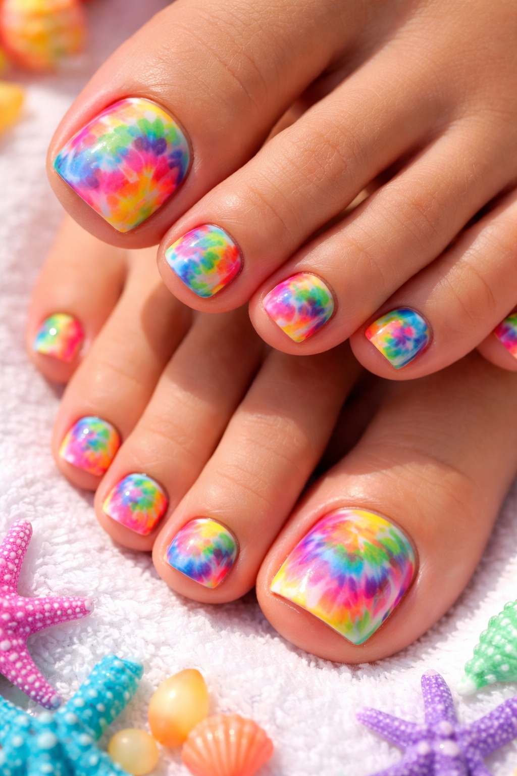 Close-up of feet displaying colorful rainbow swirl toenail designs on each toe.