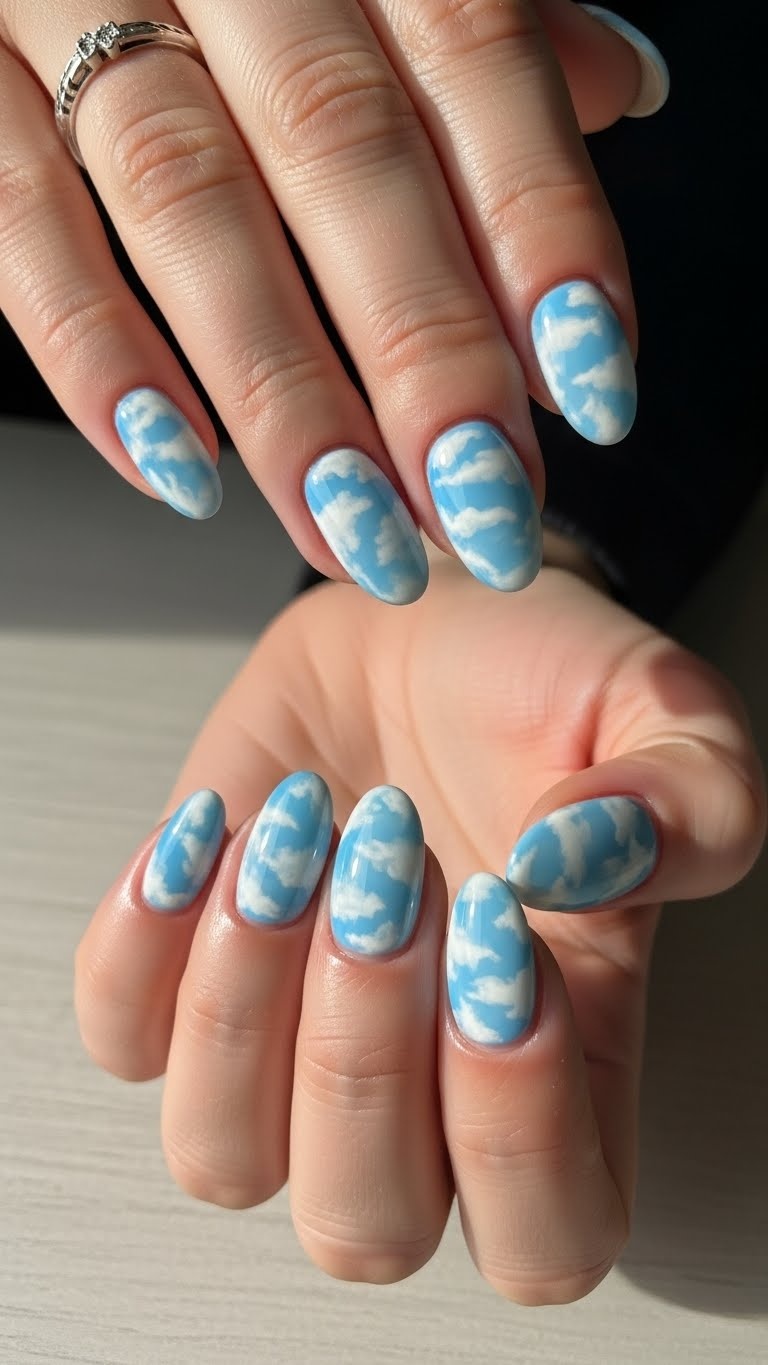 Cloud-inspired light blue and white marbling