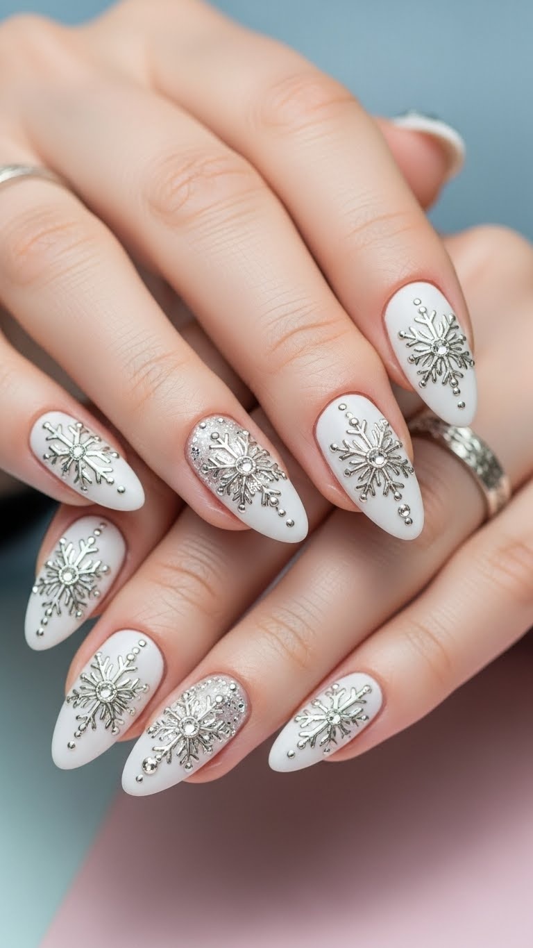 Close-up of a woman's hands with white nails decorated with silver snowflake designs.