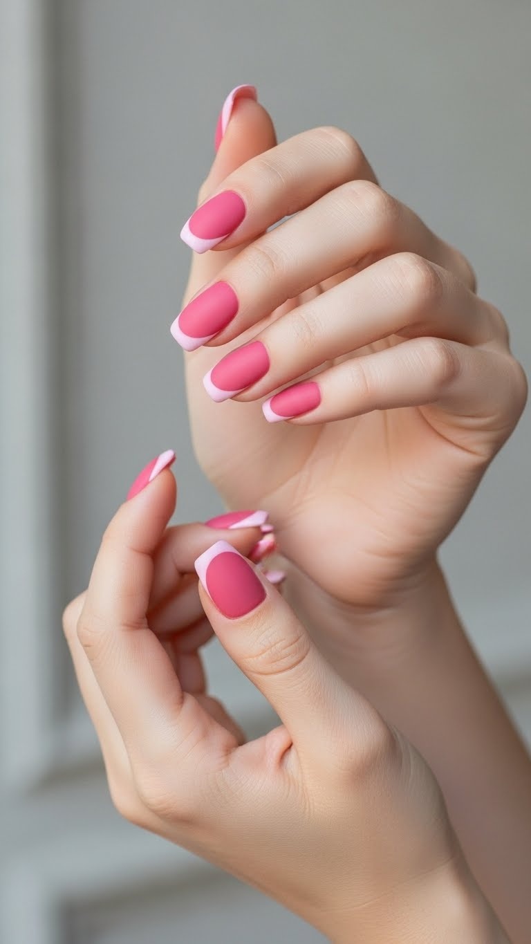 Close-up of hands with pink satin French manicure on nails against a neutral background.