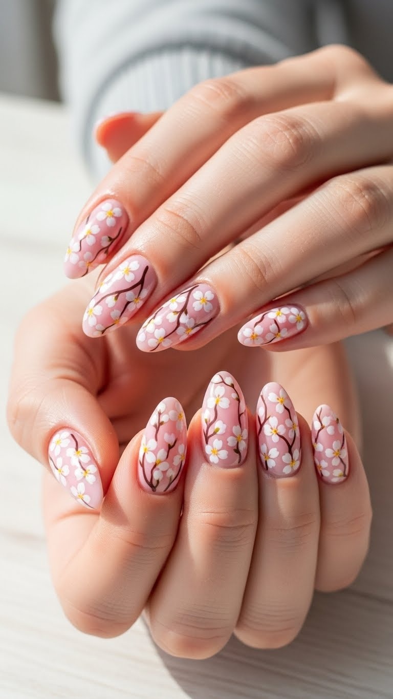 Close-up of hands with pastel pink nails decorated with cherry blossom designs, holding blooming cherry blossom branches.