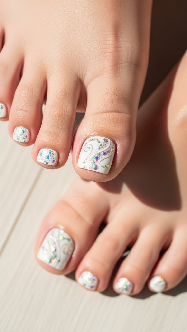 Close-up of feet with toes featuring simple toenail designs in crystal clear and iridescent shimmer colors.