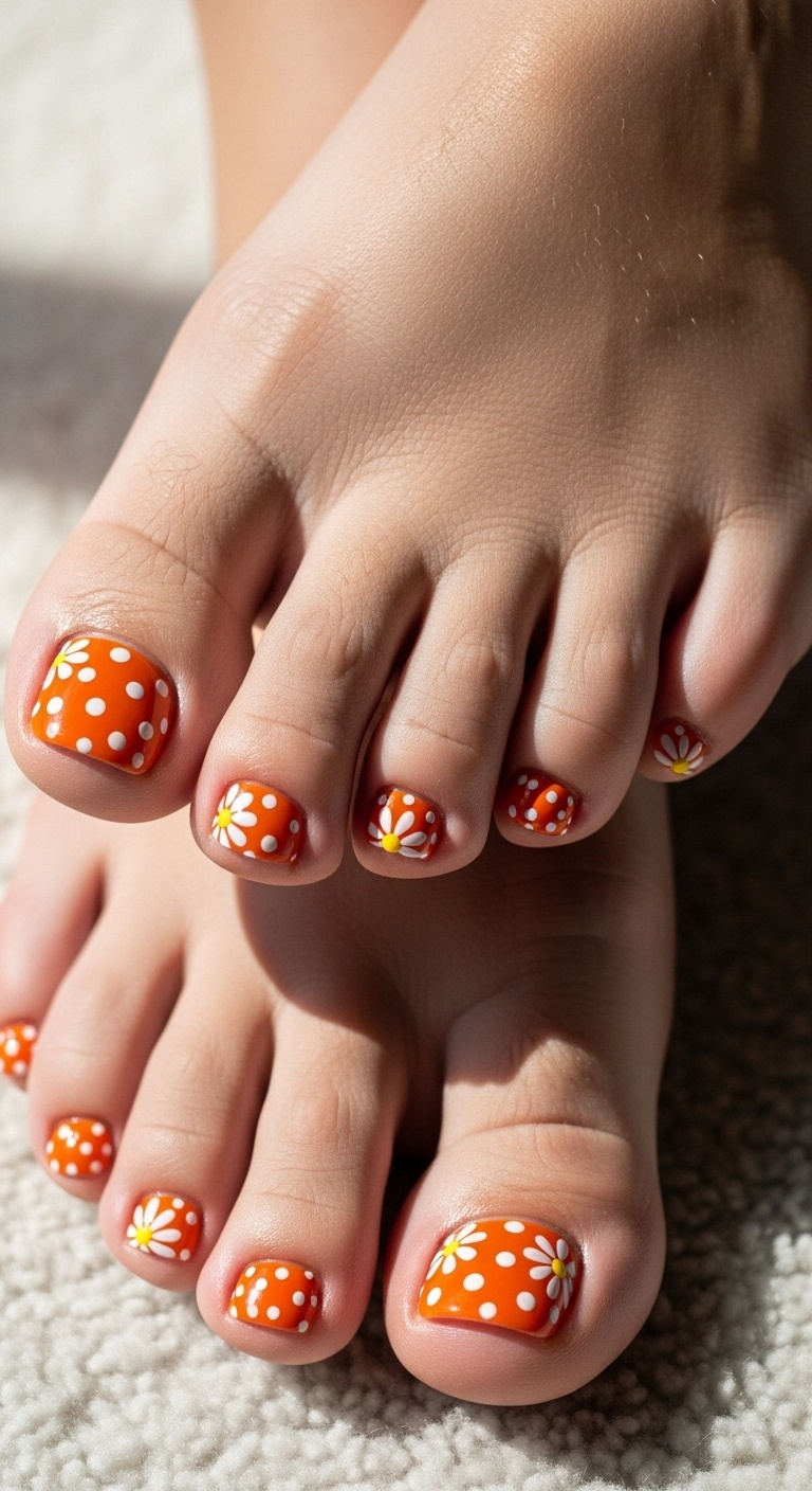 Orange Base with White Dots and Daisy Decals - Flower Power