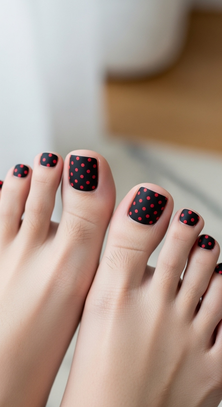 Close-up of toes with matte black toenails decorated with red polka dots.