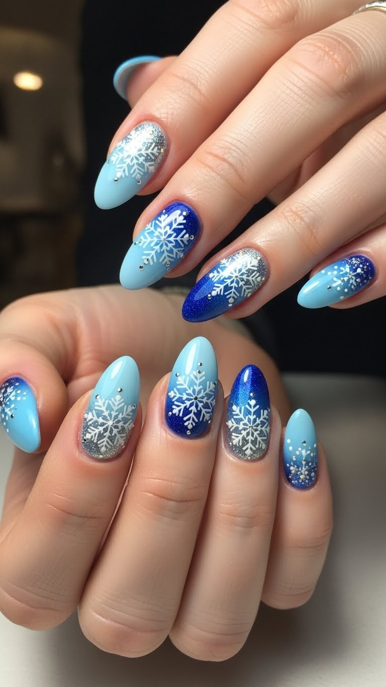 Close-up of a woman's hands with blue winter-themed manicured nails featuring different shades and subtle snowflake designs.