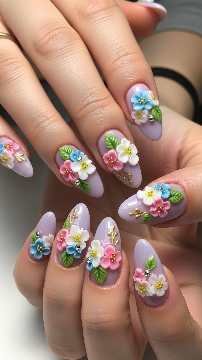 Close-up of hands with gel nails decorated with detailed 3D floral designs