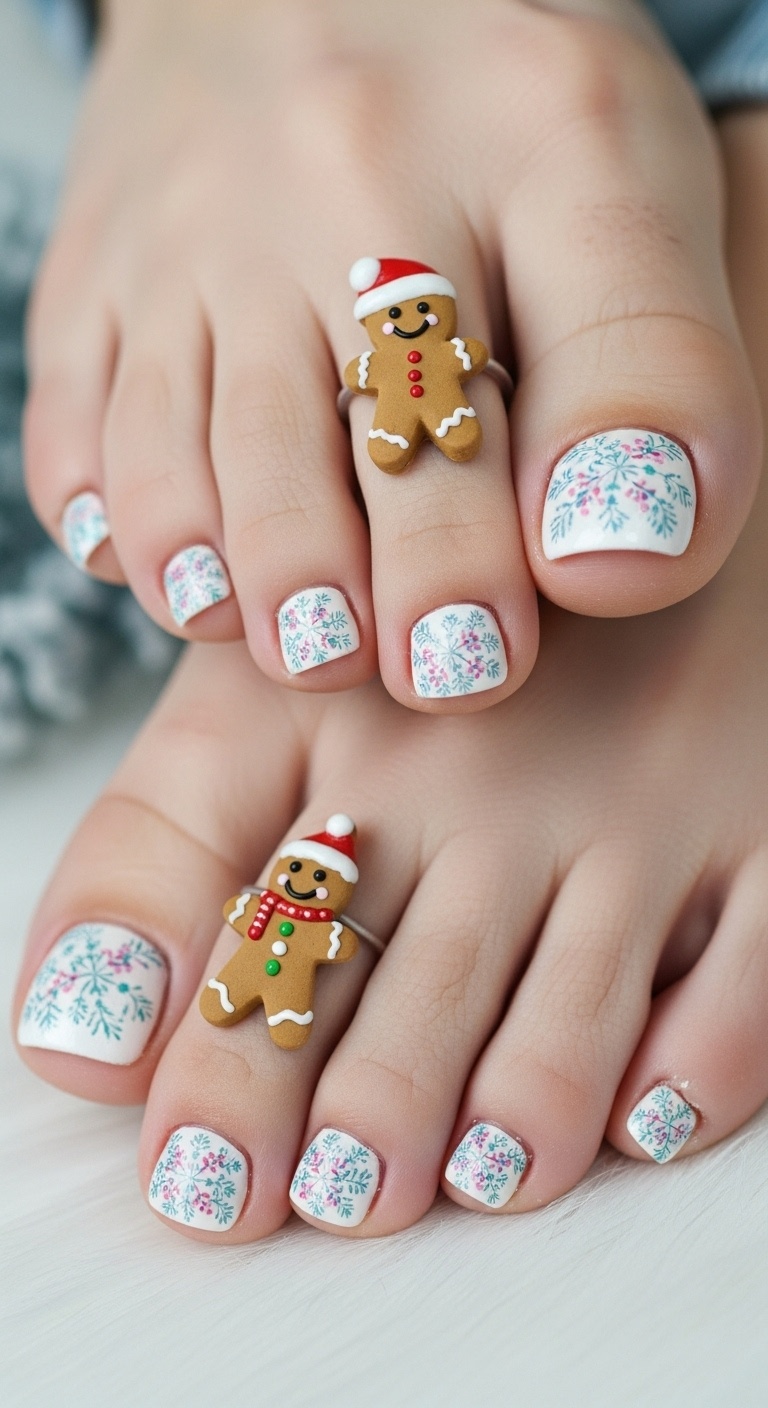 Close-up of feet with colorful winter-themed toenail designs resting on a cozy blanket surrounded by holiday decorations.