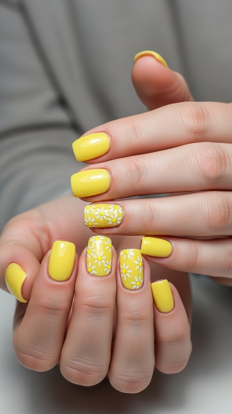 Close-up of hands with bright yellow accent nails against a neutral background.