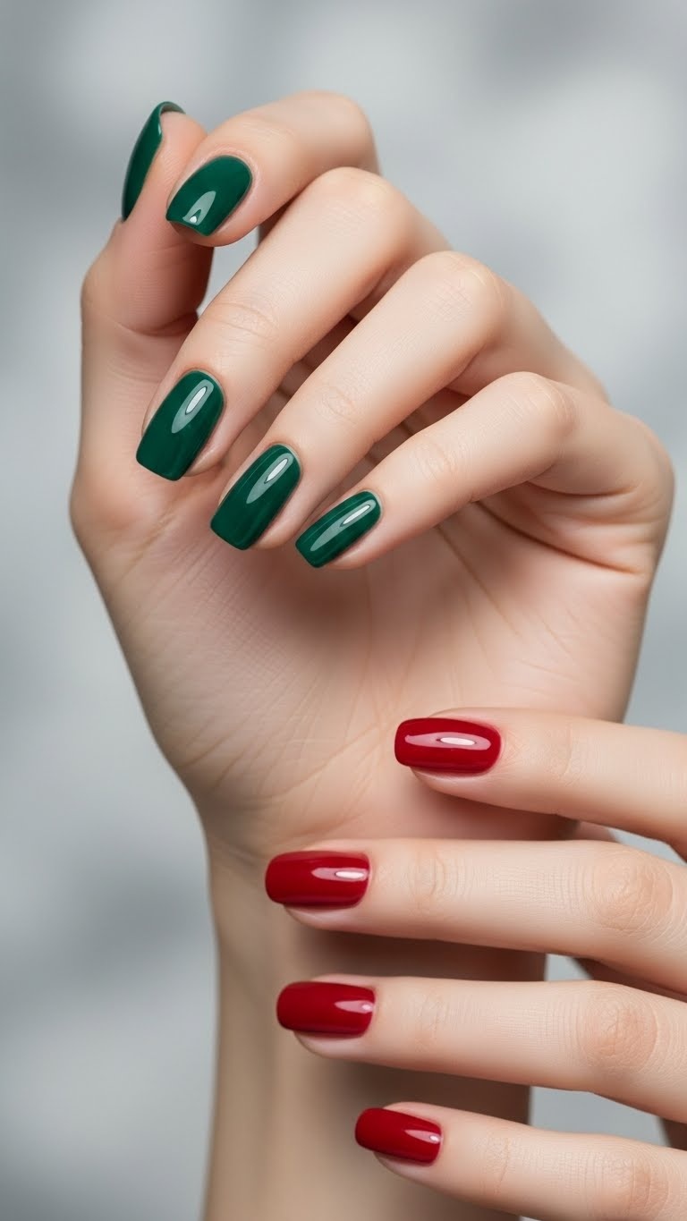 Close-up of hands with deep emerald green and ruby red manicured nails posed against a neutral background.