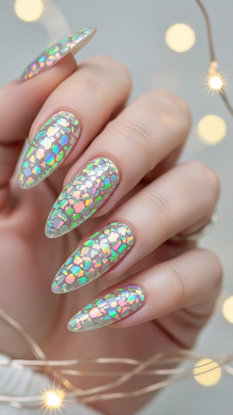 A close-up of a hand with colorful holographic confetti flakes on manicured nails against a softly blurred sparkling background.