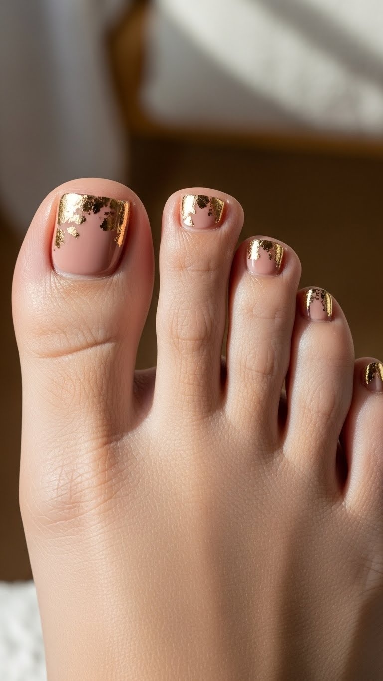 Close-up of a foot with nude toenails featuring subtle gold foil accents on the corners.