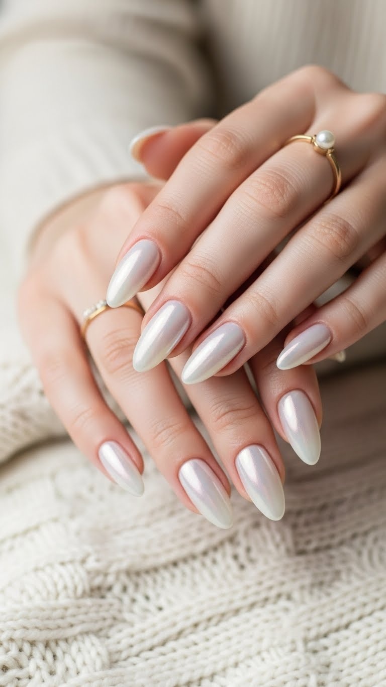 Close-up of a woman's hands with medium-length pearl-finish gel nails resting on a soft, neutral background.