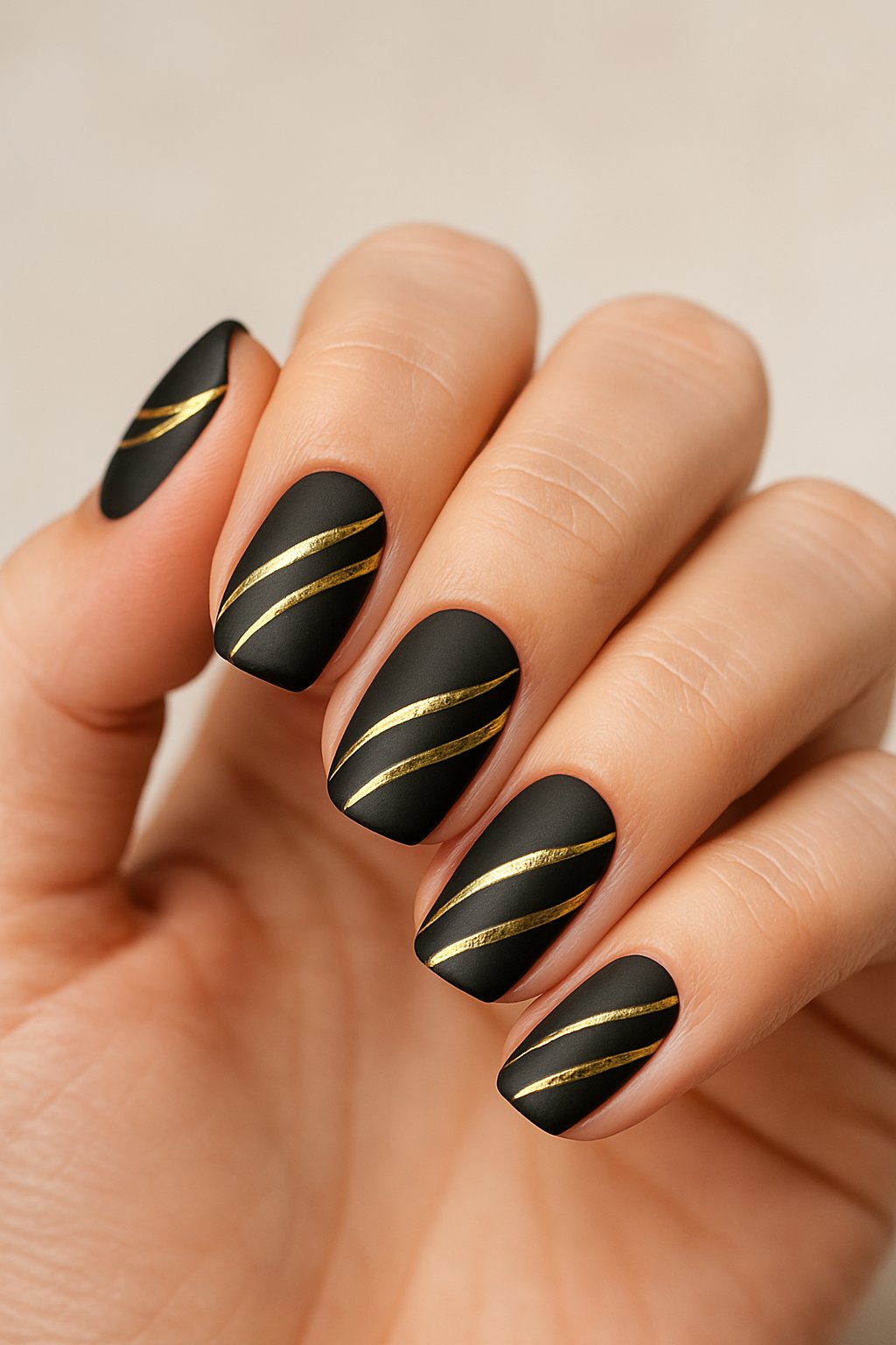 A hand showing nails painted matte black with gold stripes.