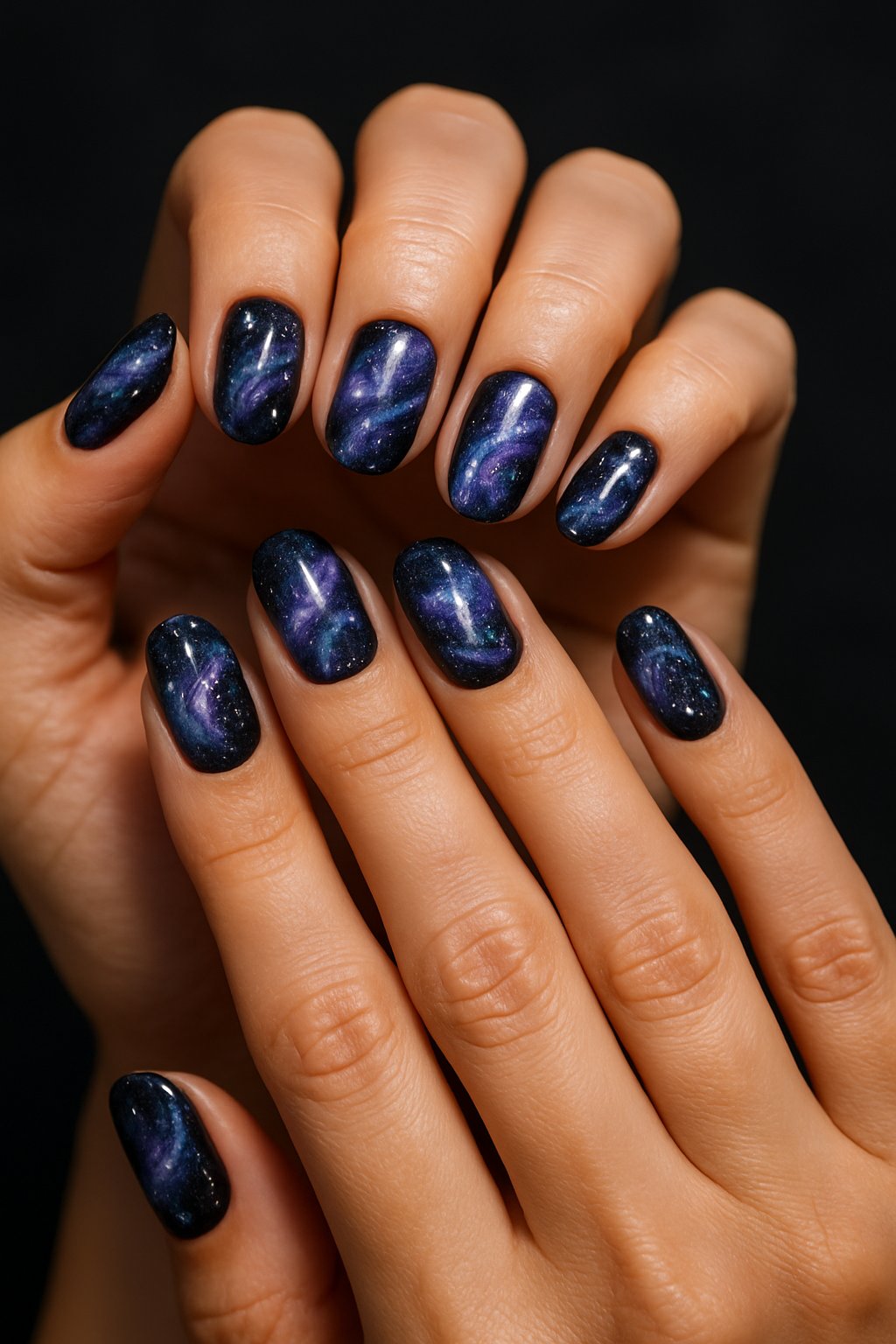 Close-up of hands displaying nails painted with midnight galaxy swirl designs featuring stars and swirling colors.