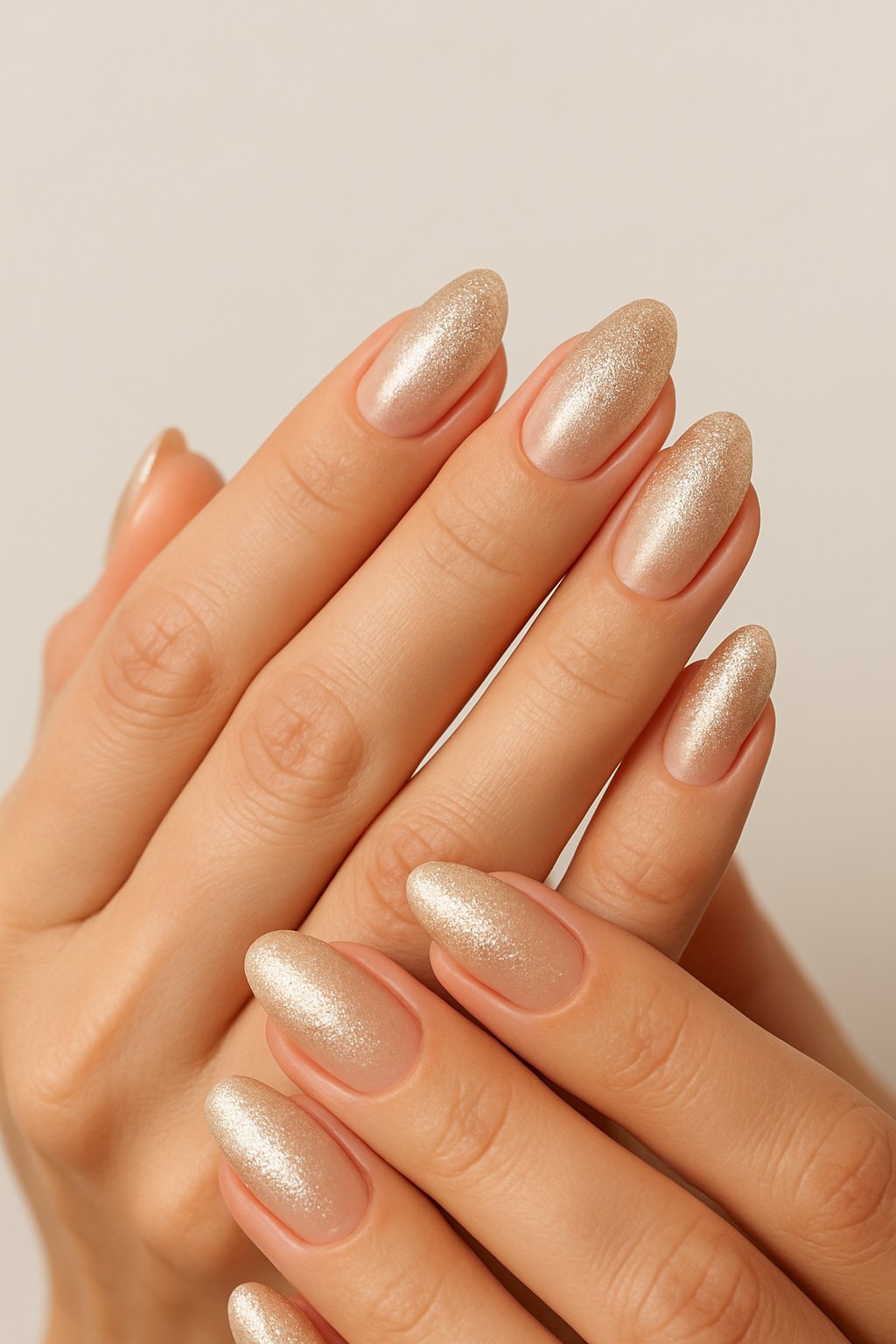 Close-up of female hands with champagne shimmer ombre manicured nails against a neutral background.